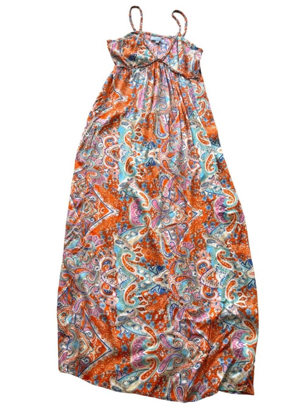 World Market Women's Boho Maxi Dress S-M Orange Blue Paisley Spaghetti Straps